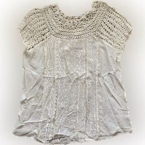 New vintage gauzy cotton top with crochet and embroidery granny crochet